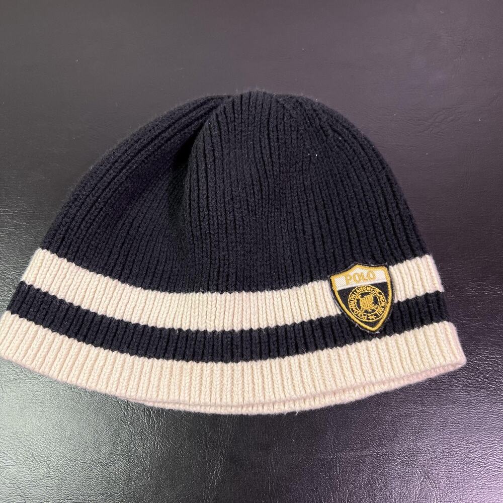 Polo Ralph Lauren Beanie Men One Size Wool Blue Striped Crest Patch Knit Winter